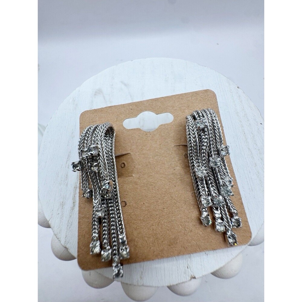Vintage MCM Clip On Earrings Silver Tone Atomic Draped Chain Rhinestone Glam
